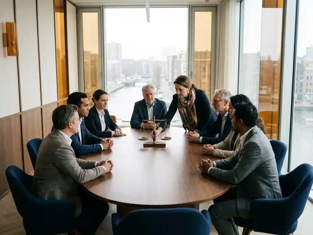 Diverse professionals rond een ovale vergadertafel in modern kantoor, terwijl iemand een weegschaalmodel centraal plaatst.